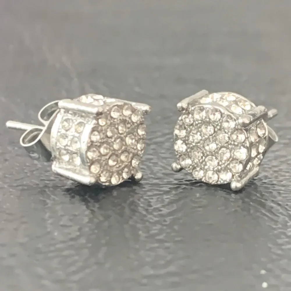 Men’s Iced Out Pavé Cubic Zirconia Studs Round 3D White Gold Plated
